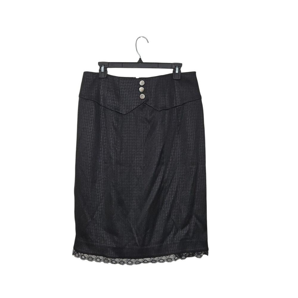 Sharagano Mid-Length High Rise Skirt Black Lace Trim Silver Buttons Sz 10 Medium
